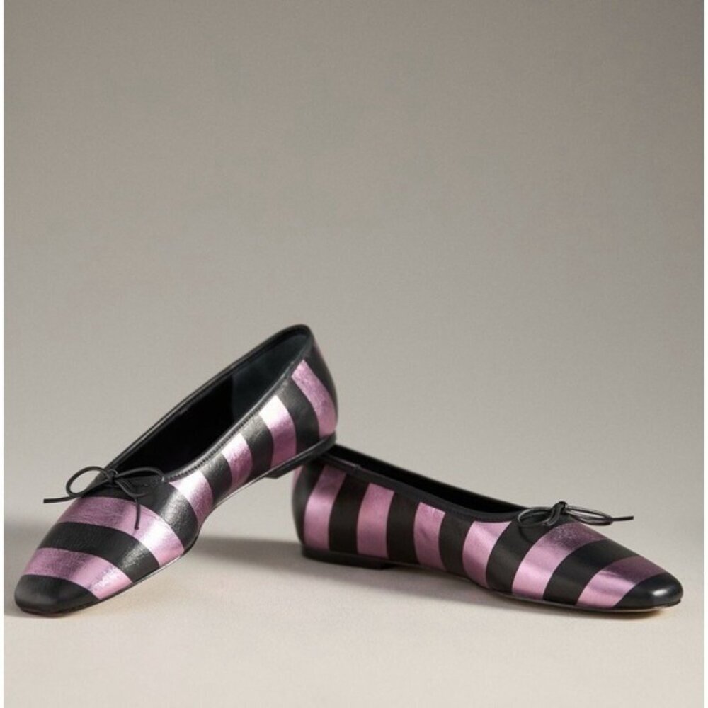 NWB Anthropologie Maeve LEATHER Square-Toe Ballet Flats Size 8 Pink Black Stripe